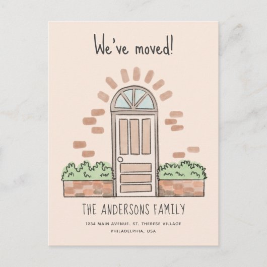 水彩ブラウンドアよくはしゃぐ引っ越しました 案内ポストカード (正面)