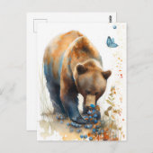 水彩ブラウンベア食べズブルーベリー ポストカード (正面/裏面)