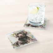 水彩ブラウンラブラドールレトリバーと花 ガラスコースター (アングル)