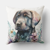 水彩ブラウンラブラドールレトリバーと花 クッション (裏面)