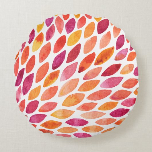 水彩ブラシのストロークが黄色とオレンジに染み出る ラウンドクッション (正面)