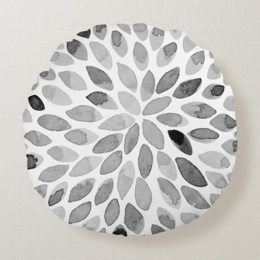 水彩ブラシストローク – 白黒 ラウンドクッション (正面)