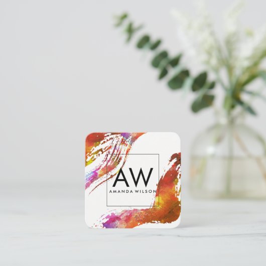 水彩ブラシ付きモダンモノグラム スクエア名刺 (スタンド正面)