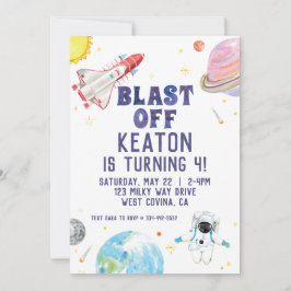 水彩ブラストオフ宇宙誕生日招待状 招待状