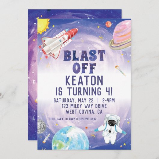 水彩ブラストオフ宇宙誕生日招待状 招待状 (正面/裏面)