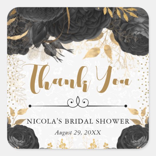 水彩ブラックとゴールドの花のウェディングシャワー スクエアシール (正面)