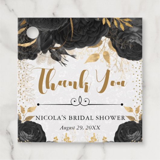 水彩ブラックとゴールドの花のウェディングシャワー フェイバータグ (正面)