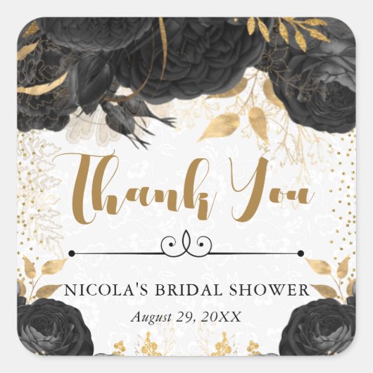 水彩ブラックとゴールドの花 ブライダルシャワー スクエアシール (正面)