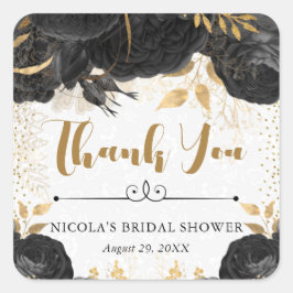 水彩ブラックとゴールドの花 ブライダルシャワー スクエアシール