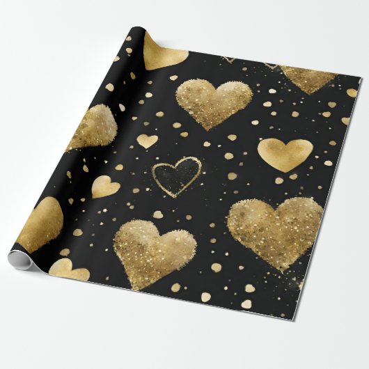 水彩ブラックと金ゴールドインクヴァレンティーンハート ラッピングペーパー (アンロールド)