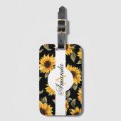水彩ブラックイエローサンフラワーシームレスパターン ラゲッジタグ (正面縦)