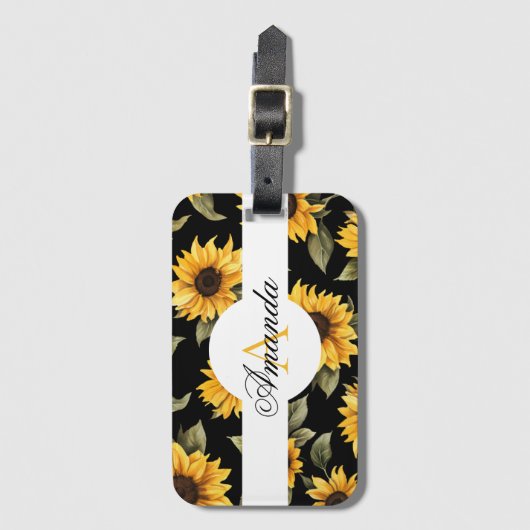 水彩ブラックイエローサンフラワーシームレスパターン ラゲッジタグ (正面縦)