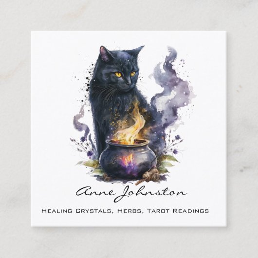 水彩ブラックウィッチズキャットスクエアビジネスカード スクエア名刺 (正面)