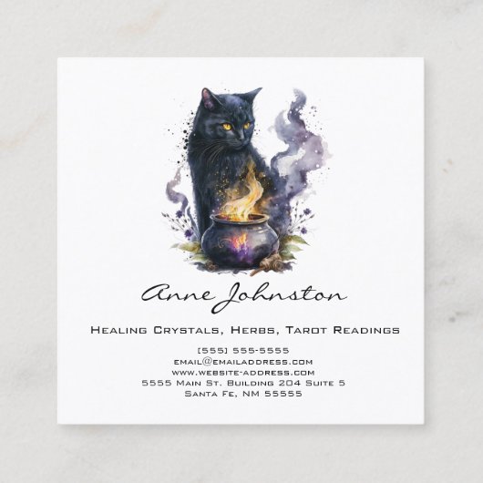 水彩ブラックウィッチズキャットスクエアビジネスカード スクエア名刺 (裏面)