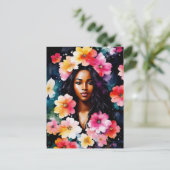 水彩ブラックウーマンフローラアート ポストカード (スタンド正面)