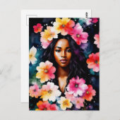 水彩ブラックウーマンフローラアート ポストカード (正面/裏面)