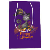 水彩ブラックキャットトリックまたはトリート ミディアムペーパーバッグ (正面)