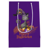 水彩ブラックキャットトリックまたはトリート ミディアムペーパーバッグ (裏面)