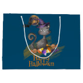 水彩ブラックキャットトリックまたはトリート ラージペーパーバッグ (裏面)