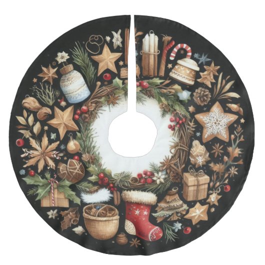 水彩ブラッククリスマスモテ素朴ィフスホリデー ブラッシュドポリエステルツリースカート (正面)