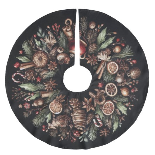 水彩ブラッククリスマスモテ素朴ィフスホリデー ブラッシュドポリエステルツリースカート (正面)