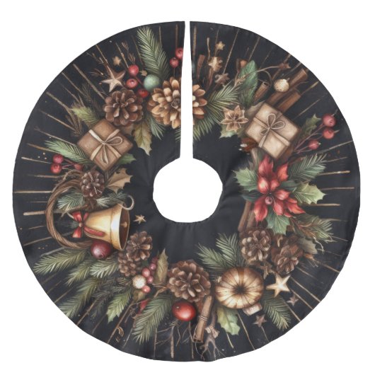 水彩ブラッククリスマスモテ素朴ィフスホリデー ブラッシュドポリエステルツリースカート (正面)