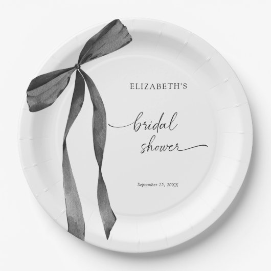 水彩ブラックコケット ボウ ブライダルシャワー ペーパープレート (正面)