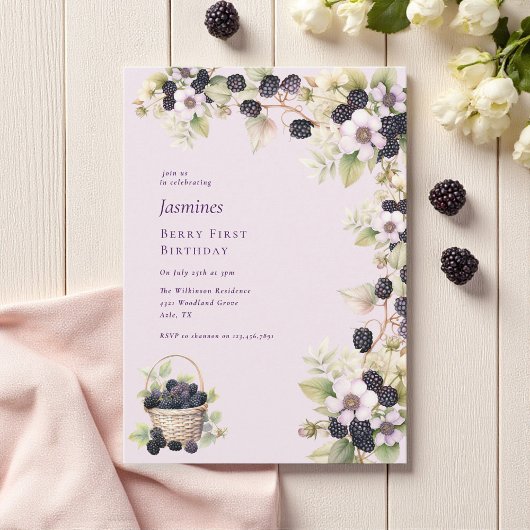 水彩ブラックベリーファースト・バースデーパーティー 招待状