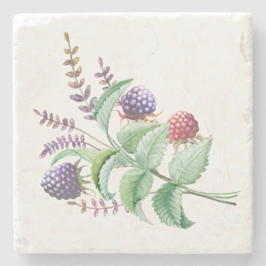 水彩ブラックベリーラズベリーブーケ ストーンコースター (正面)
