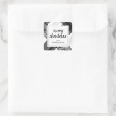 水彩ブラックホワイトチェック柄のメリークリスマス名前入り スクエアシール (バッグ)