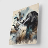 水彩ブラックラブラドールとアヒル スクエア壁時計 (傾斜)