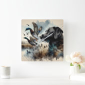 水彩ブラックラブラドールとアヒル スクエア壁時計 (ホーム)