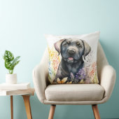 水彩ブラックラブラドールレトリバーと花 クッション (椅子)