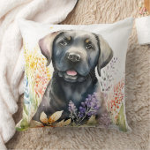 水彩ブラックラブラドールレトリバーと花 クッション (ブランケット)