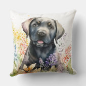 水彩ブラックラブラドールレトリバーと花 クッション (裏面)