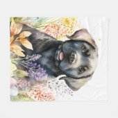 水彩ブラックラブラドールレトリバーと花 フリースブランケット (正面(横))