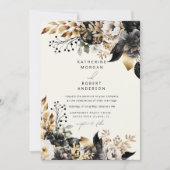 水彩ブラック金ゴールド結婚フローラ 招待状 (正面)
