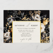 水彩ブラック金ゴールド結婚フローラ 箔招待状 (正面)