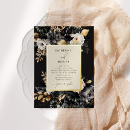 水彩ブラック金ゴールド結婚フローラ 箔招待状