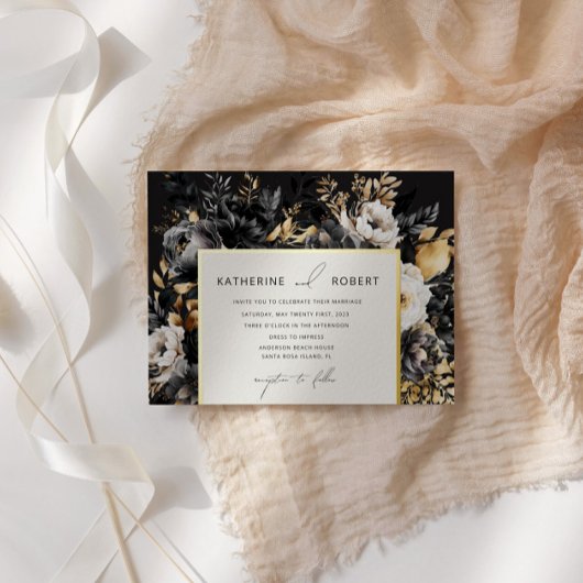 水彩ブラック金ゴールド結婚フローラ 箔招待状