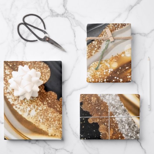 水彩ブラック&金ゴールドグリッター炭酸アルコールインク ラッピングペーパーシート (正面)