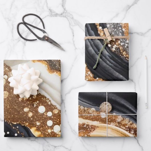 水彩ブラック&金ゴールドグリッター炭酸アルコールインク ラッピングペーパーシート (正面)