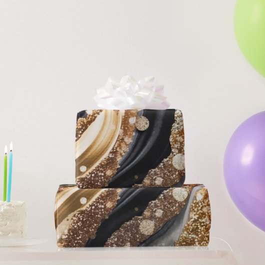 水彩ブラック&金ゴールドグリッター炭酸アルコールインク ラッピングペーパー (パーティーギフト)