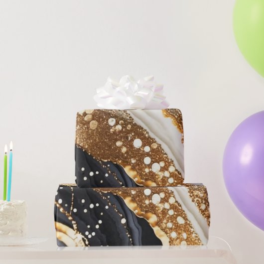 水彩ブラック&金ゴールドグリッター炭酸アルコールインク ラッピングペーパー (パーティーギフト)