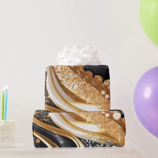 水彩ブラック&金ゴールドグリッター炭酸アルコールインク ラッピングペーパー (パーティーギフト)