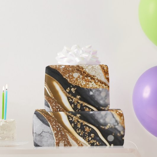 水彩ブラック&金ゴールドグリッター炭酸アルコールインク ラッピングペーパー (パーティーギフト)