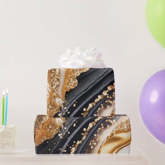 水彩ブラック&金ゴールドグリッター炭酸アルコールインク ラッピングペーパー (パーティーギフト)