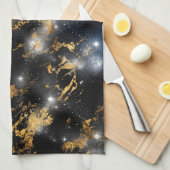 水彩ブラック&金ゴールド大理石銀河系 キッチンタオル (四つ折り)
