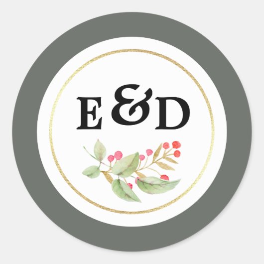 水彩ブランチ結婚モノグラム ラウンドシール (正面)