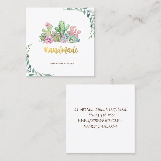 水彩ブランチ、フローラサボテン手作り スクエア名刺 (正面/裏面)